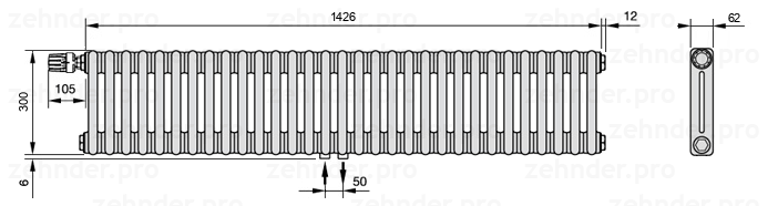 Схема (чертеж) Радиатор Zehnder Charleston 2030/31 №V007 Белый глянцевый RAL 9016